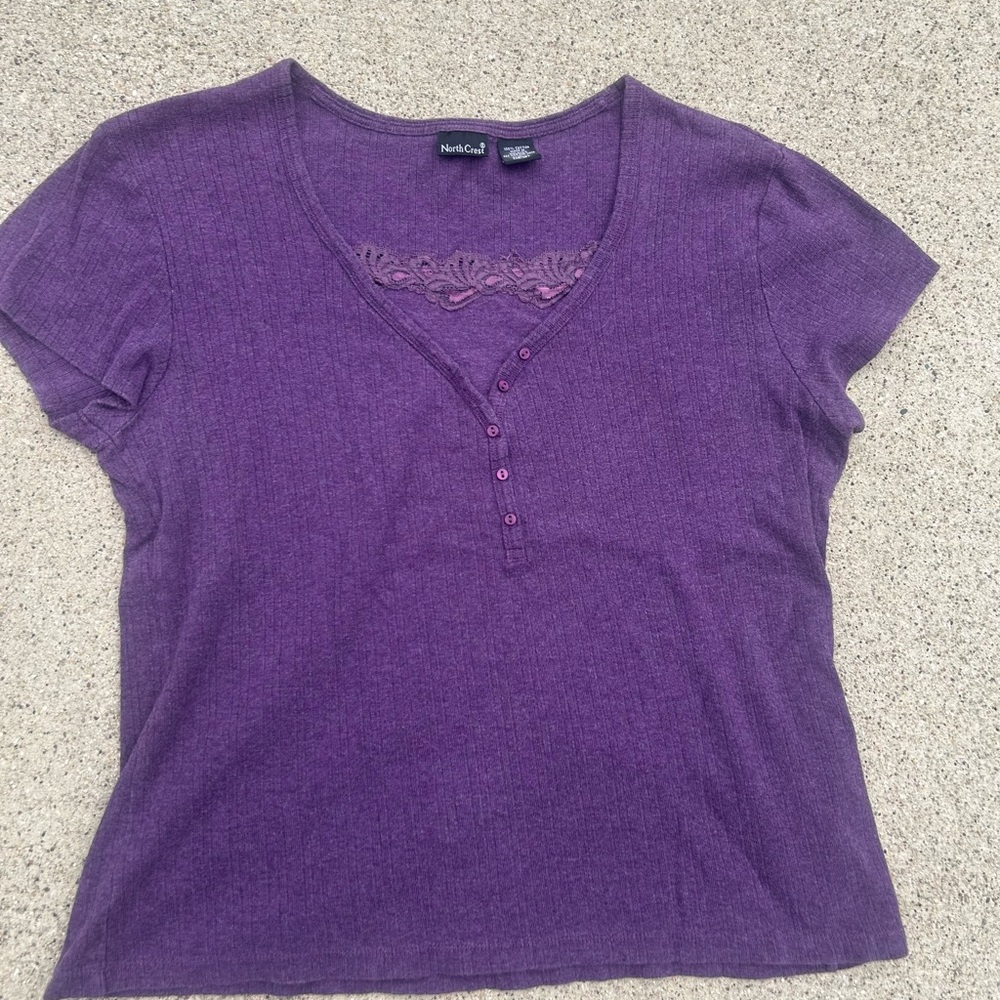 Vintage NorthCrest Purple Lace Y2K Fitted Buttoned Tee Shirt | Size Large